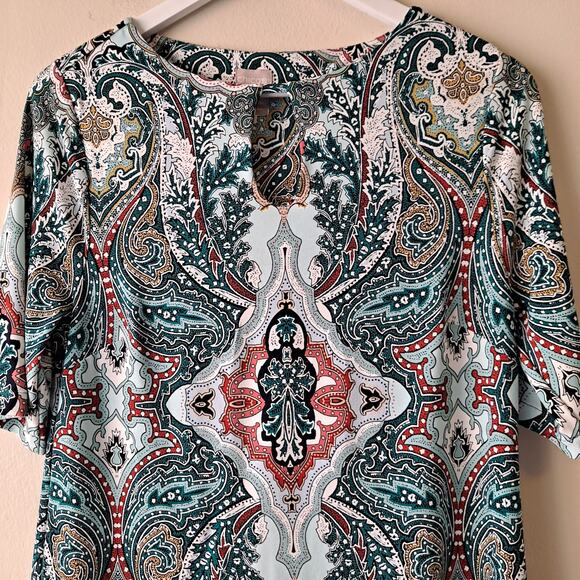 Chico's White Green Multi Keyhole Neckline Paisley Print Knit Jersey Dress -Sz 8 - Picture 6 of 7